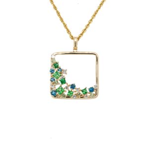 14k Yellow Gold Blue Topaz, Tsavorite Garnet, and Diamond Open Square Pendant