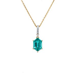 14k Yellow Gold Lab Grown Paraiba Tourmaline and Diamond Pendant