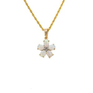 14k Yellow Gold Opal and Diamond Flower Pendant