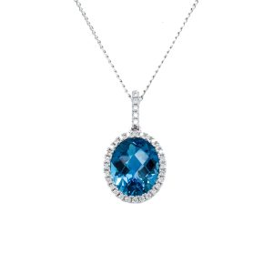 14k White Gold London Blue Topaz and Diamond Halo Pendant