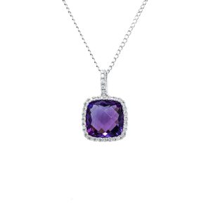 14k White Gold Amethyst and Diamond Halo Pendant