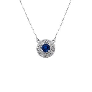 14k White Gold Sapphire and Diamond Double Halo Necklace