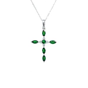 14k White Gold Tsavorite Garnet and Diamond Cross Pendant