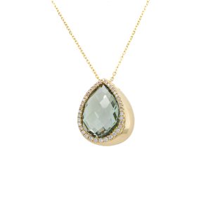 14k Yellow Gold Green Amethyst and Diamond Asymmetrical Pear Pendant