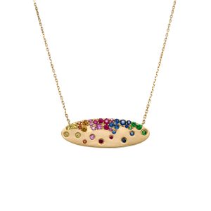 14k Yellow Gold Multi-Colored Gemstone Sprinkle Oval Bar Necklace