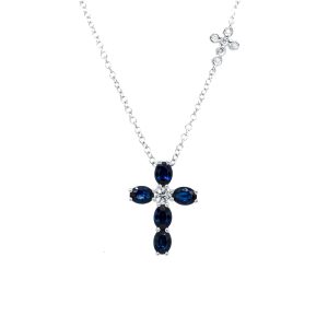 18k White Gold Sapphire and Diamond Cross Pendant