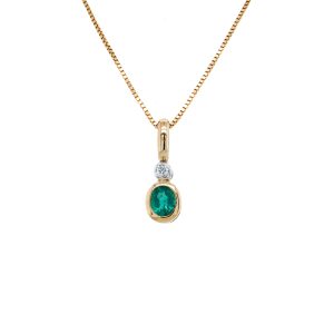 14k Two Tone Gold Emerald and Diamond Bezel Pendant