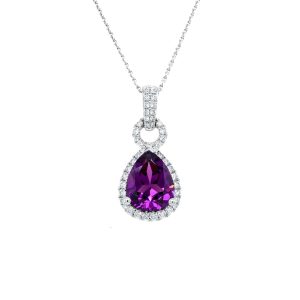 18k White Gold Purple Garnet and Diamond Halo Pendant