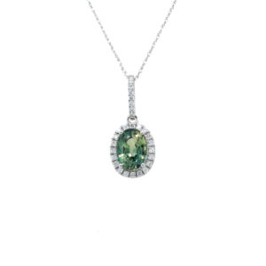 14k White Gold Blue-Green Sapphire and Diamond Halo Pendant