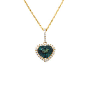 14k Yellow Gold Blue-Green Sapphire and Diamond Heart Halo Pendant