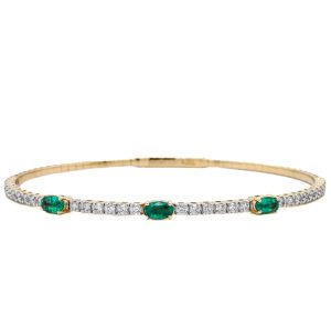 14k Yellow Gold Emerald and Diamond Flex Bangle Bracelet