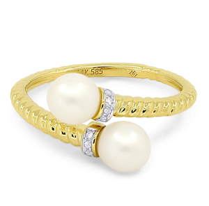 14k Yellow Gold Pearl and Diamond Bypass Ring