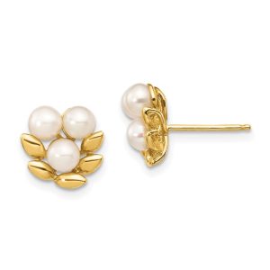 14k Yellow Gold Pearl Cluster Stud Earrings
