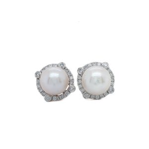 14k White Gold Pearl and Diamond Stud Earrings
