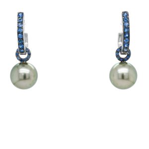 18k White Gold Tahitian Pearl and Sapphire Earrings