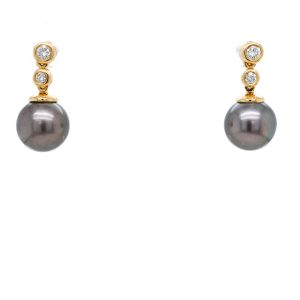 18k Yellow Gold Tahitian Pearl and Diamond Drop Earrings