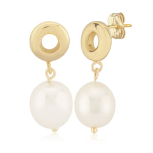 14k Yellow Gold Open Circle Pearl Drop Earrings