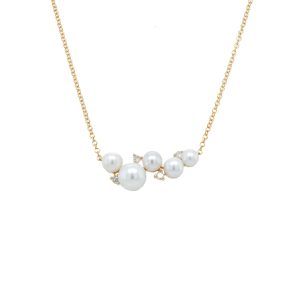 14k Yellow Gold Pearl and Diamond Cluster Necklace