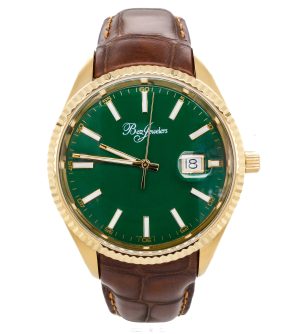 Betz Signature Series Watch Yellow Stainless Brown Leather Strap Green Dial