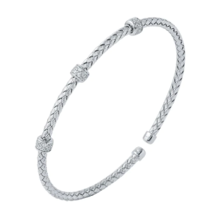 Sterling Silver Rhodium Plated Cubic Zirconia Station Cuff Bracelet