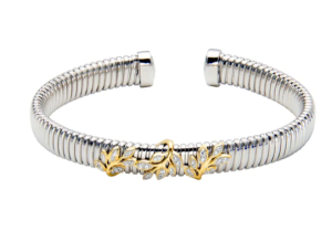 Sterling Silver Cubic Zirconia Leaf Design Ribbed Cuff