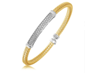 Sterling Silver Yellow Gold Plated Cubic Zirconia Bar Cuff Bracelet