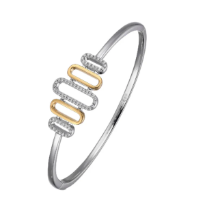 Sterling Silver Two Tone Cubic Zirconia Paperclip Hinged Bangle
