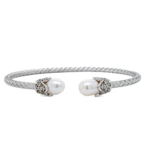 Sterling Silver and Pearl Cap Woven Cuff Bracelet