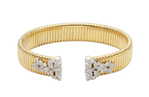 Sterling Silver Yellow Gold Plated Ribbed Cubic Zirconia Cuff
