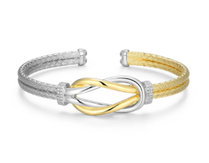 Sterling Silver Two Tone Knot Cubic Zirconia Cuff Bracelet
