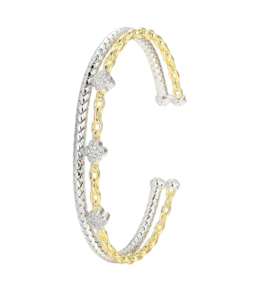Sterling Silver and Yellow Gold Plated Cubic Zirconia Double Cuff Bracelet