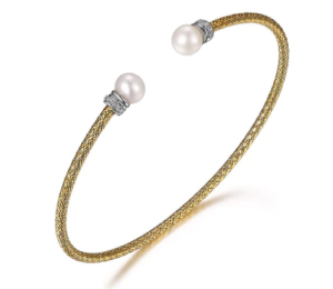 Sterling Silver Yellow Gold Plated Pearl and Cubic Zirconia Cuff Bracelet