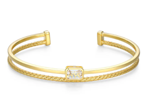 Sterling Silver Yellow Gold Plated Lab Grown White Sapphire Bezel Cuff Bracelet