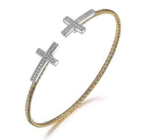 Sterling Silver Yellow Gold Plated Cross End Cap Cuff Bracelet