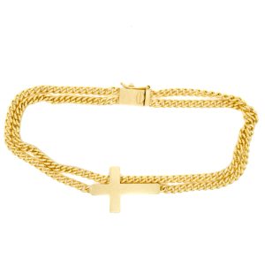 Sterling Silver Yellow Gold Double Curb Chain Cross Bracelet