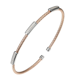 Sterling Silver Rose Gold Plated Cubic Zirconia Bar Station Cuff Bracelet
