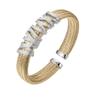 Sterling Silver Yellow Gold Plated Cubic Zirconia Wrapped Cuff Bracelet