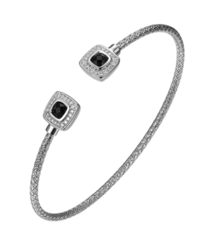 Sterling Silver Rhodium Plated Black Agate and Cubic Zirconia Cuff