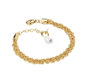 Sterling Silver Yellow Gold Plated Braided Ball Chain Pearl Bracelet