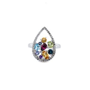 Sterling Silver Multi-Colored Gemstone and White Topaz Pear Cluster Ring