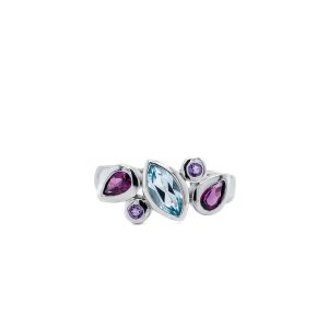 Sterling Silver Blue Topaz, Rhodolite Garnet, and Amethyst Ring