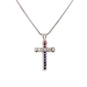 Sterling Silver Ruby, Sapphire, and Diamond Cross Pendant