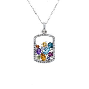 Sterling Silver Multi-Colored Gemstone and White Topaz Cluster Pendant