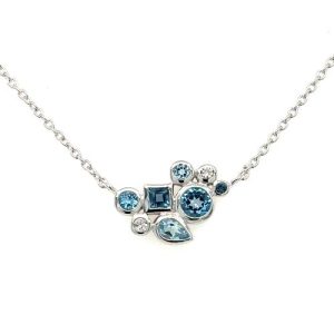 Sterling Silver Blue Topaz and White Topaz Cluster Necklace