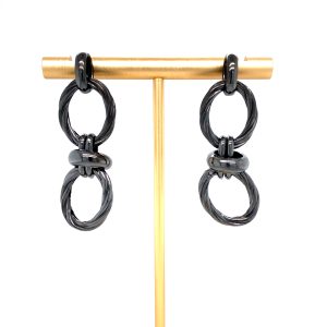 Sterling Silver Black Rhodium Twisted Oval Dangle Earrings