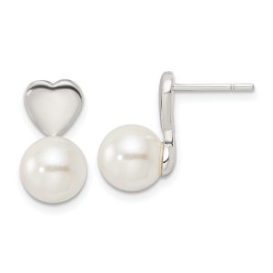 Sterling Silver Heart Pearl Drop Earrings