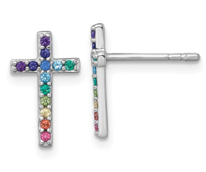 Sterling Silver Rainbow Cubic Zirconia Cross Stud Earrings