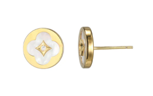 Sterling Silver Yellow Gold Plated Mother of Pearl Clover Disc Stud Earrings