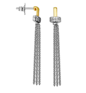Sterling Silver Two Tone Cubic Zirconia Chain Drop Earrings