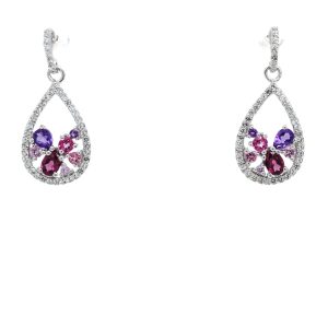 Sterling Silver Multi-Colored Gemstone Pear Cluster Dangle Earrings